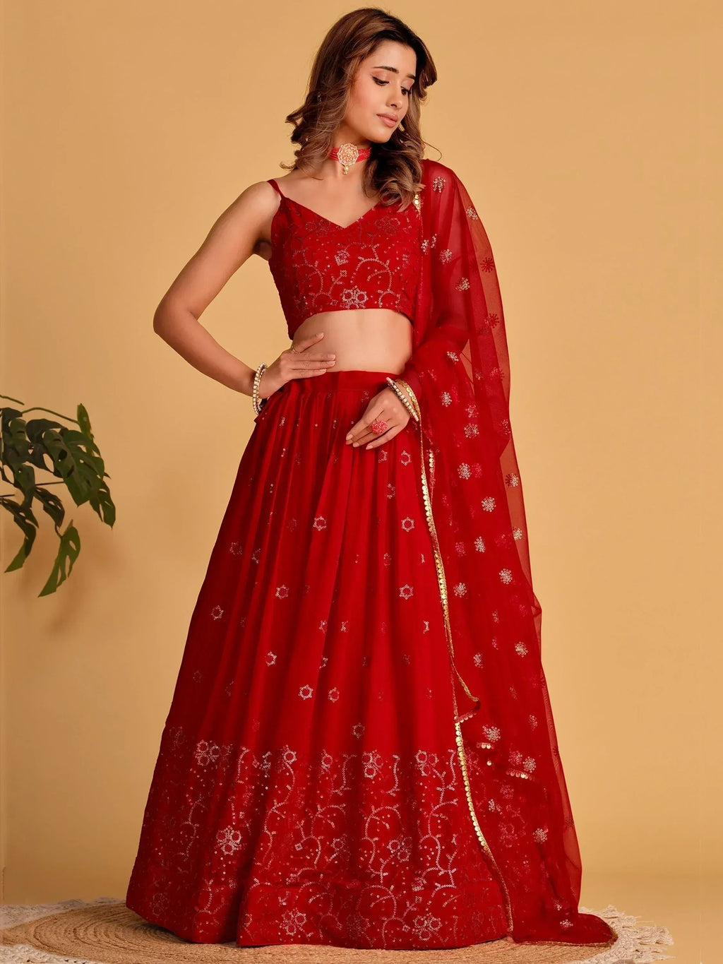 Tulsi Art Marvelous Red Embroidered Georgette Engagement Wear Lehenga Choli | Grocsy