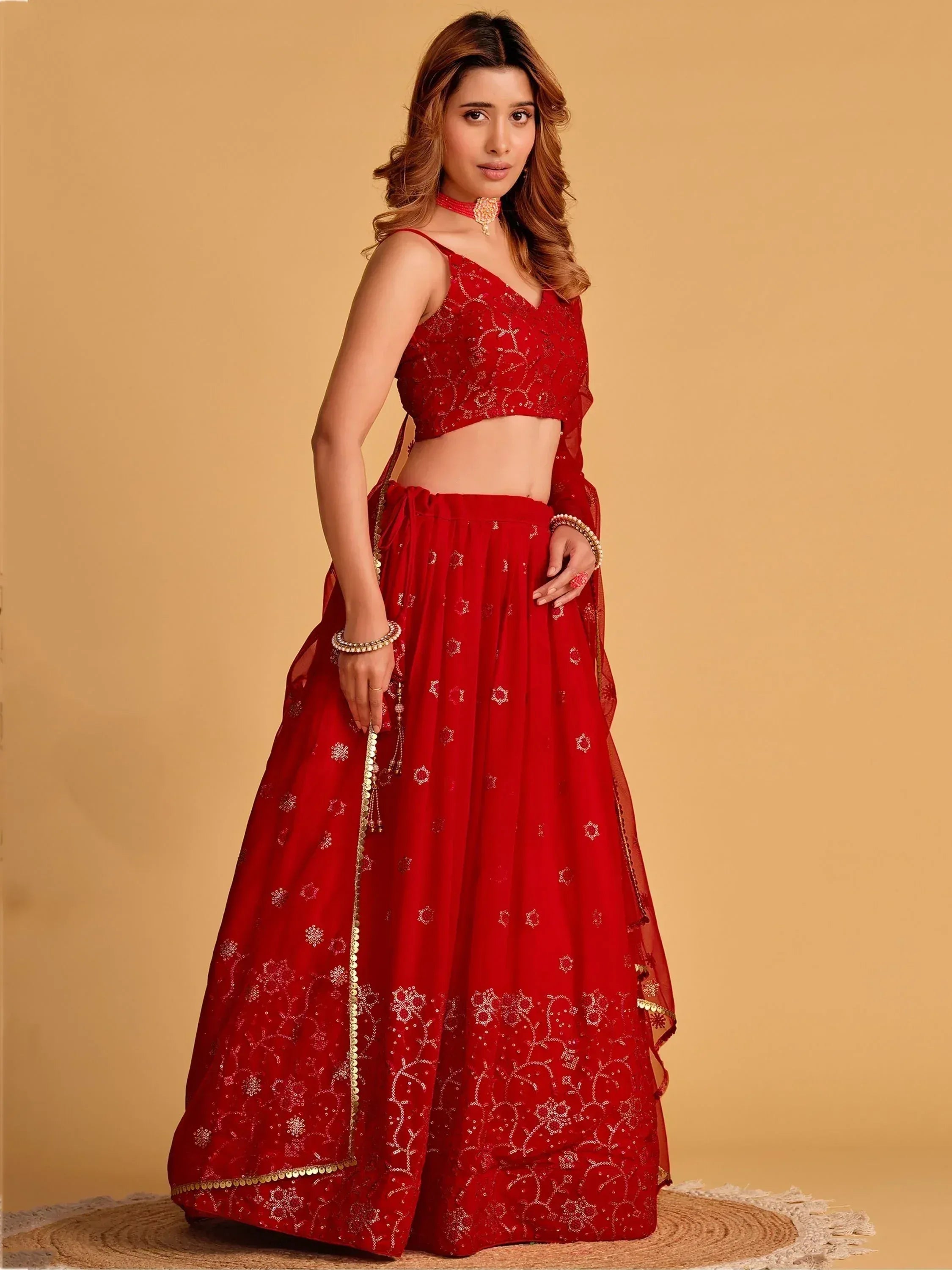 Tulsi Art Marvelous Red Embroidered Georgette Engagement Wear Lehenga Choli | Grocsy