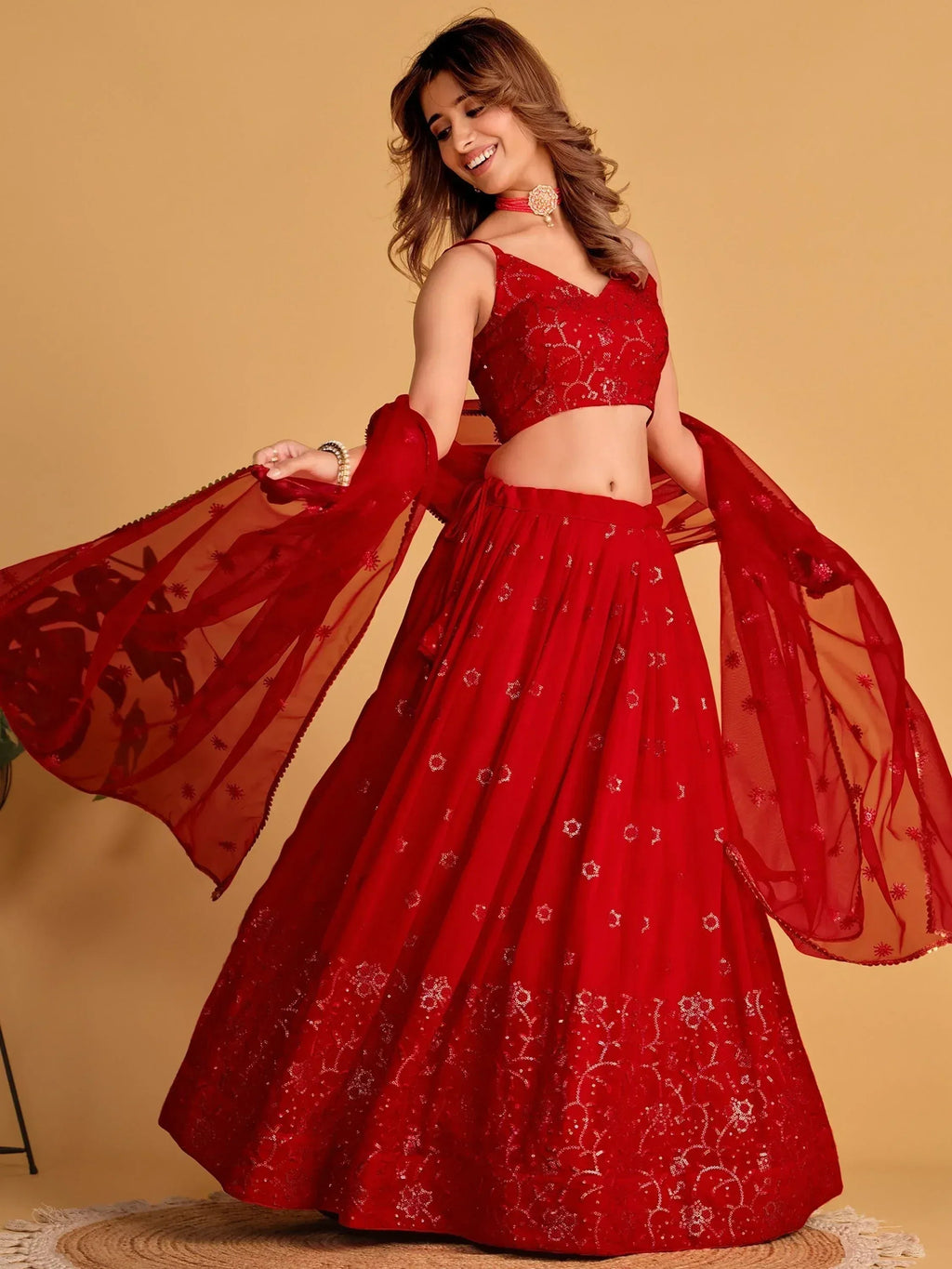 Tulsi Art Marvelous Red Embroidered Georgette Engagement Wear Lehenga Choli | Grocsy