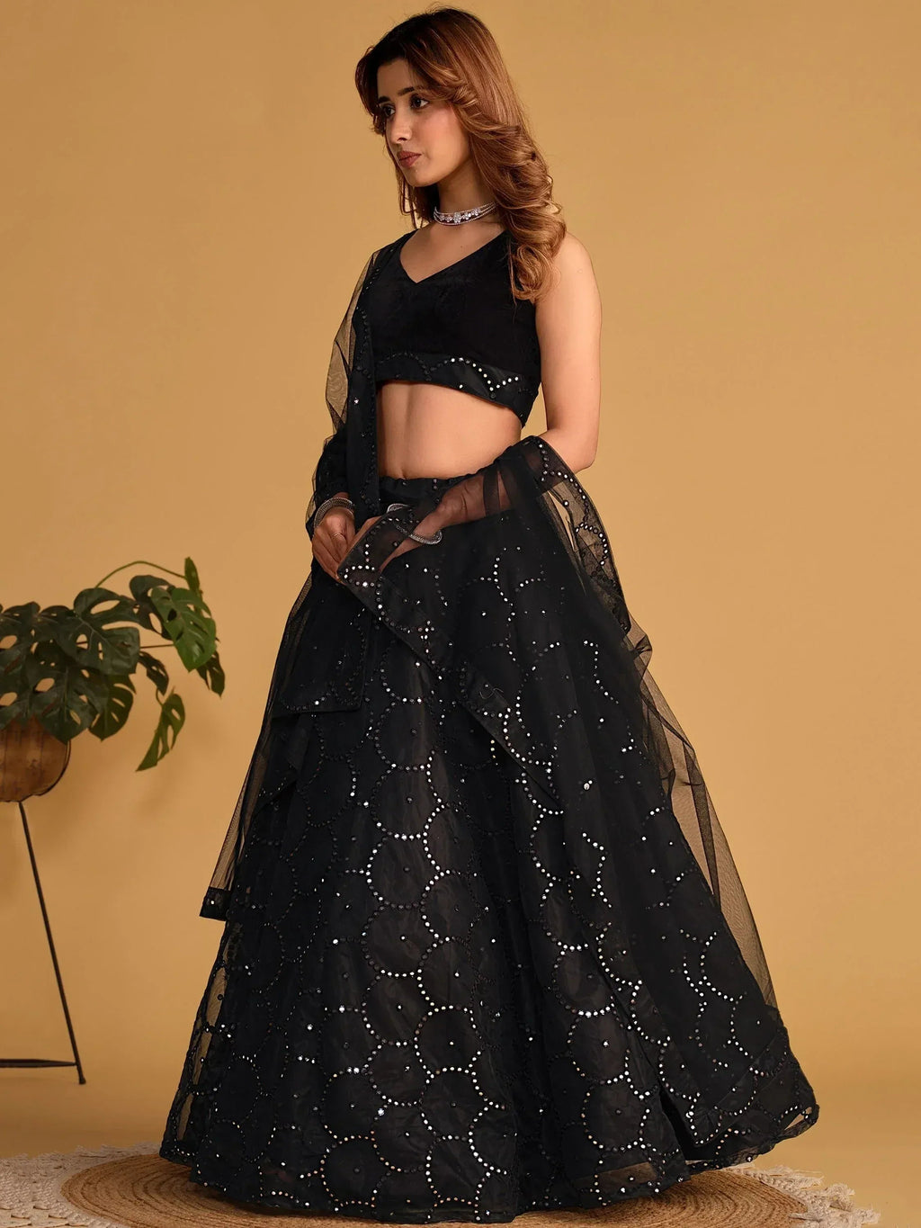 Tulsi Art Mesmerizing Black Mirror Work Organza Reception Wear Lehenga Choli | Grocsy