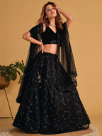 Tulsi Art Mesmerizing Black Mirror Work Organza Reception Wear Lehenga Choli | Grocsy