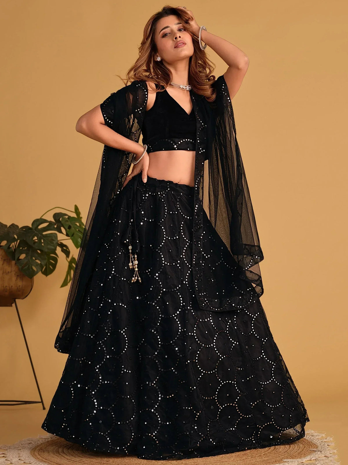 Tulsi Art Mesmerizing Black Mirror Work Organza Reception Wear Lehenga Choli | Grocsy