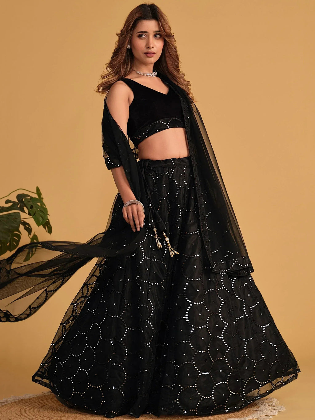 Tulsi Art Mesmerizing Black Mirror Work Organza Reception Wear Lehenga Choli | Grocsy
