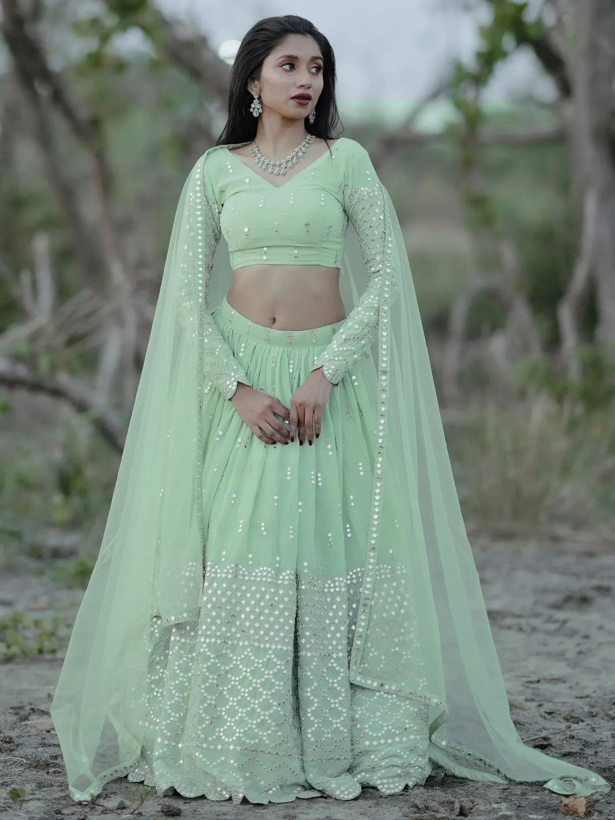 Tulsi Art Adorable Pastel Green Sequins Georgette Reception Wear Lehenga Choli | Grocsy