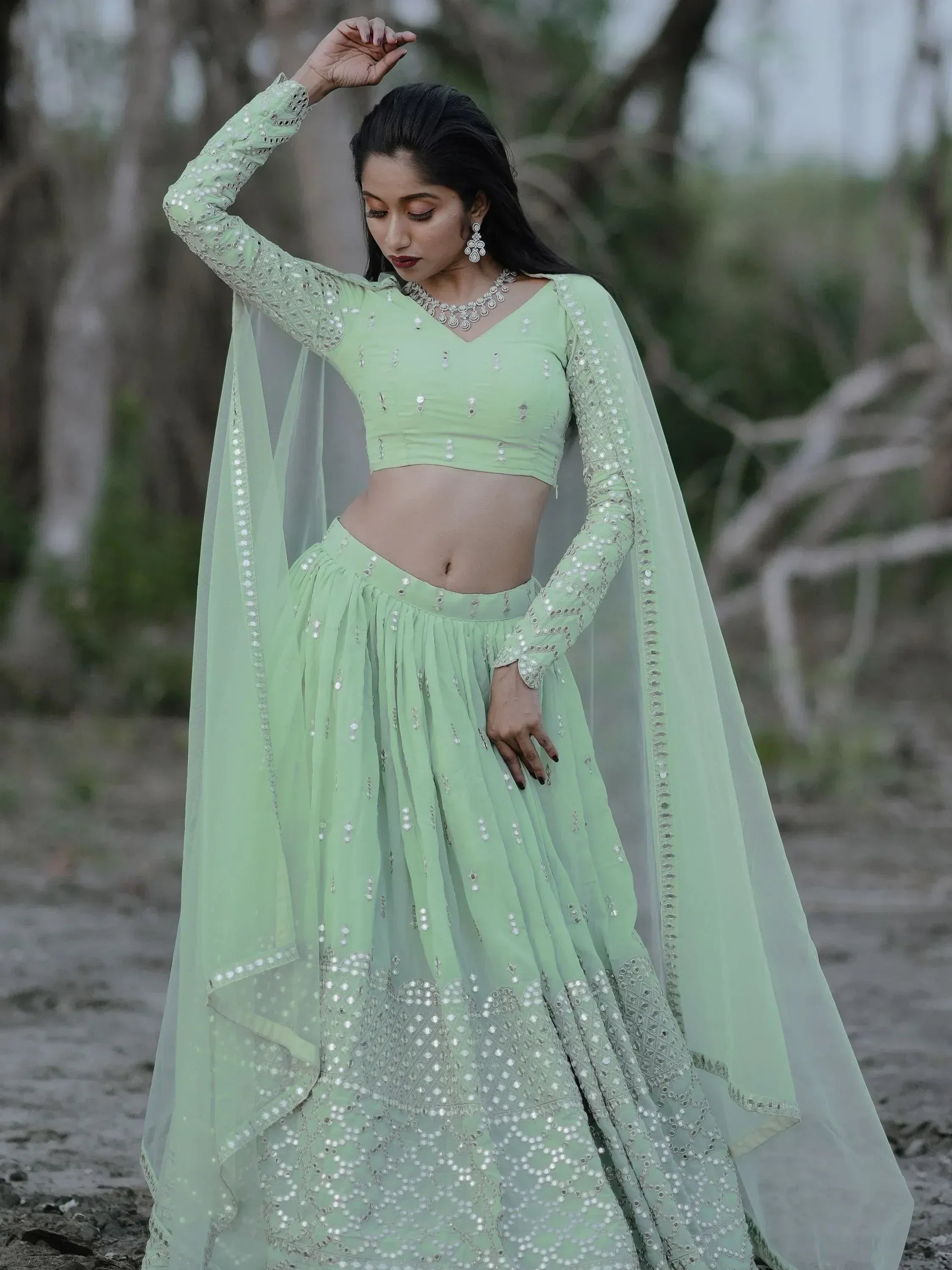 Tulsi Art Adorable Pastel Green Sequins Georgette Reception Wear Lehenga Choli | Grocsy