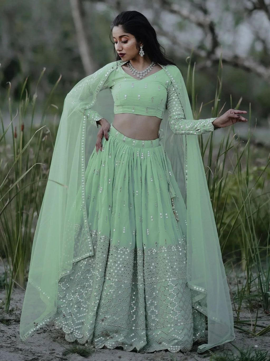 Tulsi Art Adorable Pastel Green Sequins Georgette Reception Wear Lehenga Choli | Grocsy