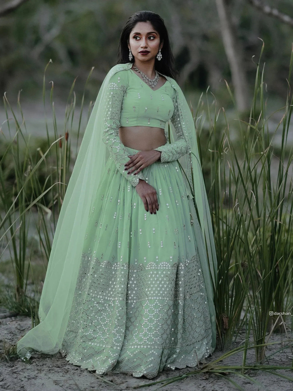 Tulsi Art Adorable Pastel Green Sequins Georgette Reception Wear Lehenga Choli | Grocsy