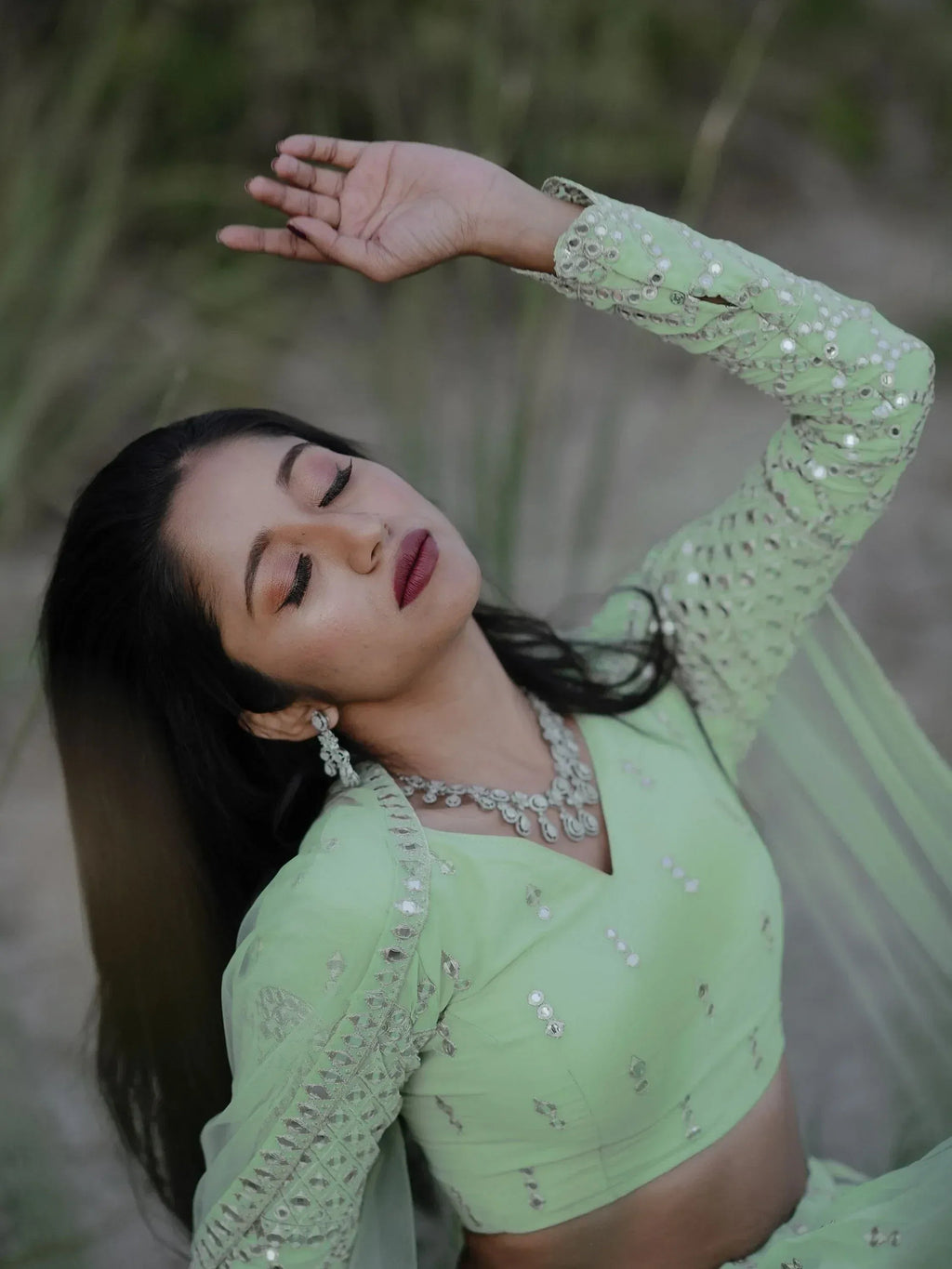 Tulsi Art Adorable Pastel Green Sequins Georgette Reception Wear Lehenga Choli | Grocsy