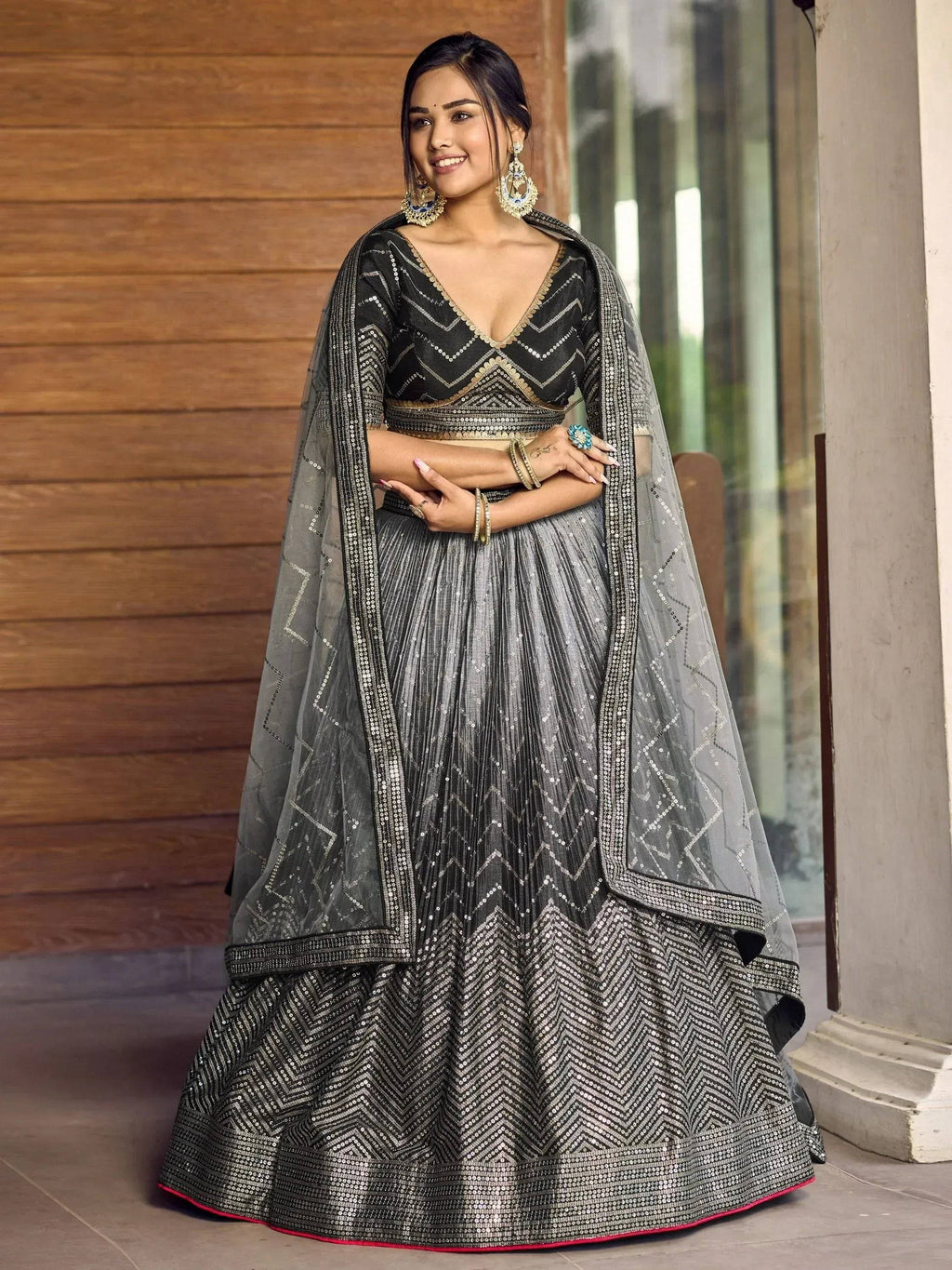 Tulsi Art Fabulous Black Sequins Chinon Reception Wear Lehenga Choli | Grocsy