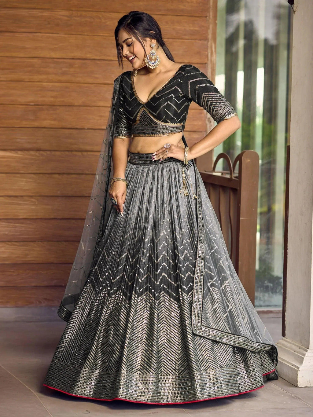 Tulsi Art Fabulous Black Sequins Chinon Reception Wear Lehenga Choli | Grocsy