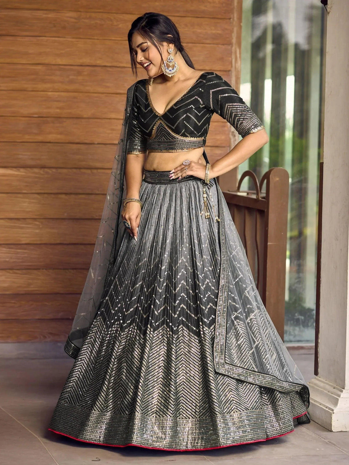 Tulsi Art Fabulous Black Sequins Chinon Reception Wear Lehenga Choli | Grocsy