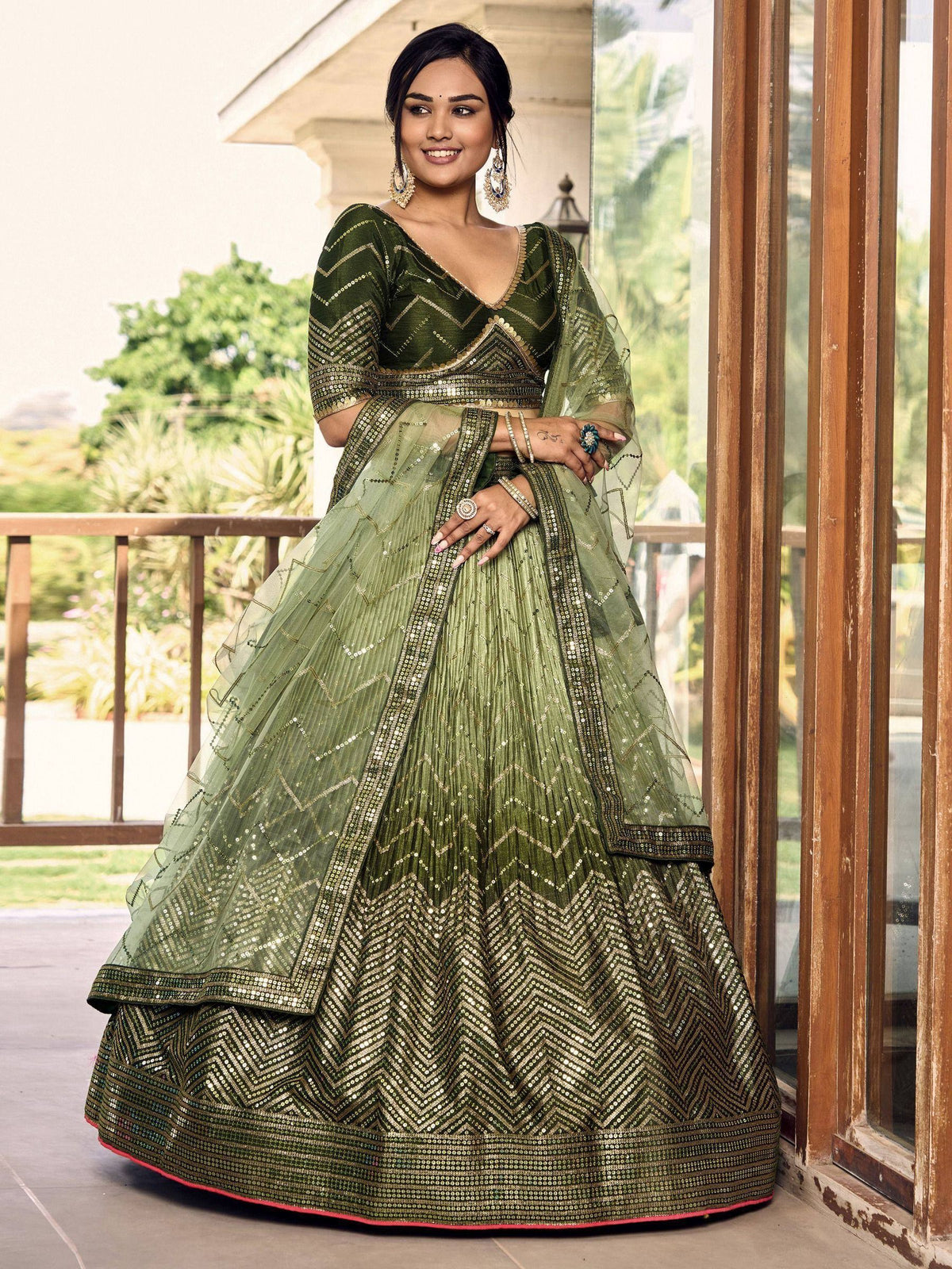 Tulsi Art Awesome Green Sequins Chinon Mehendi Wear Lehenga Choli | Grocsy