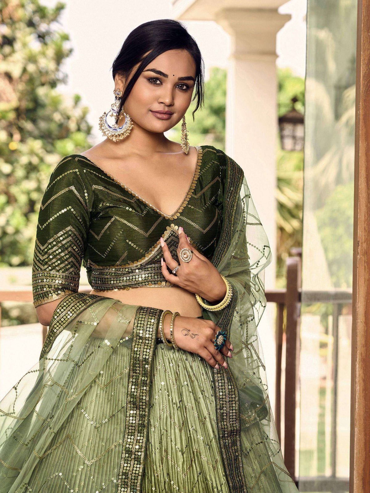 Tulsi Art Awesome Green Sequins Chinon Mehendi Wear Lehenga Choli | Grocsy