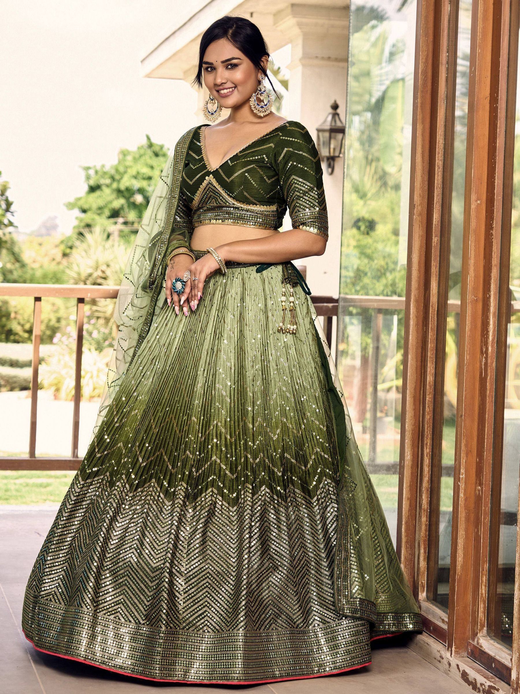 Tulsi Art Awesome Green Sequins Chinon Mehendi Wear Lehenga Choli | Grocsy