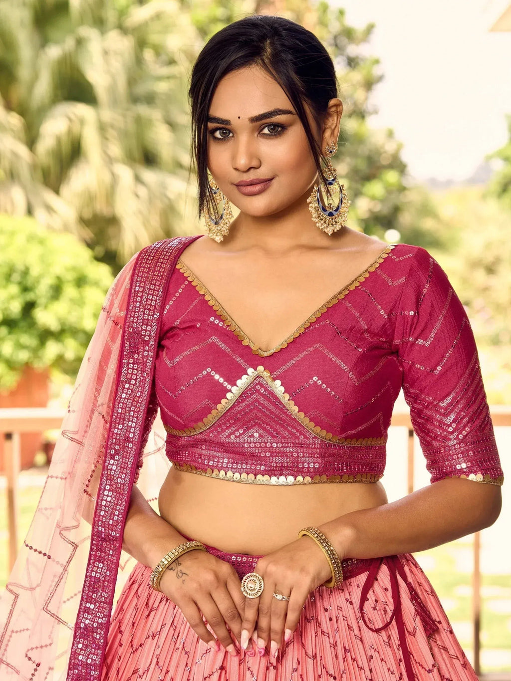 Tulsi Art Marvelous Pink Sequins Chinon Wedding Lehenga Choli With Dupatta | Grocsy