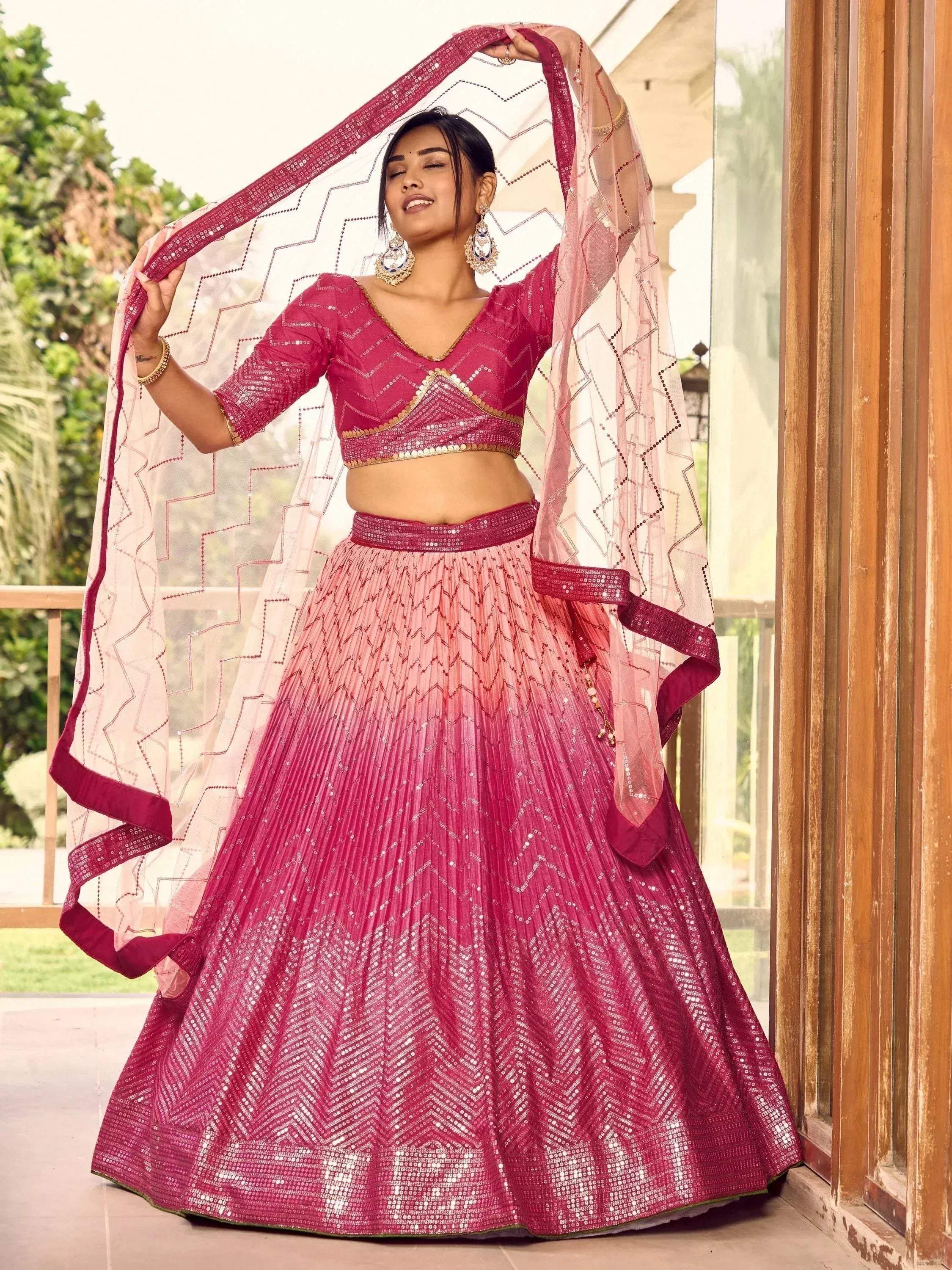 Tulsi Art Marvelous Pink Sequins Chinon Wedding Lehenga Choli With Dupatta | Grocsy
