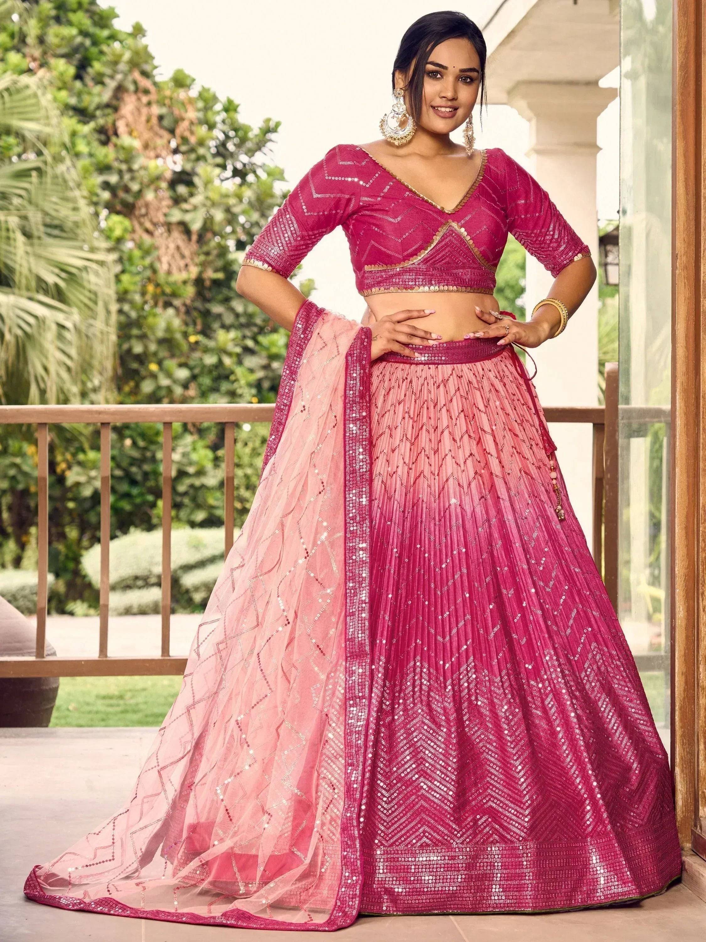 Tulsi Art Marvelous Pink Sequins Chinon Wedding Lehenga Choli With Dupatta | Grocsy