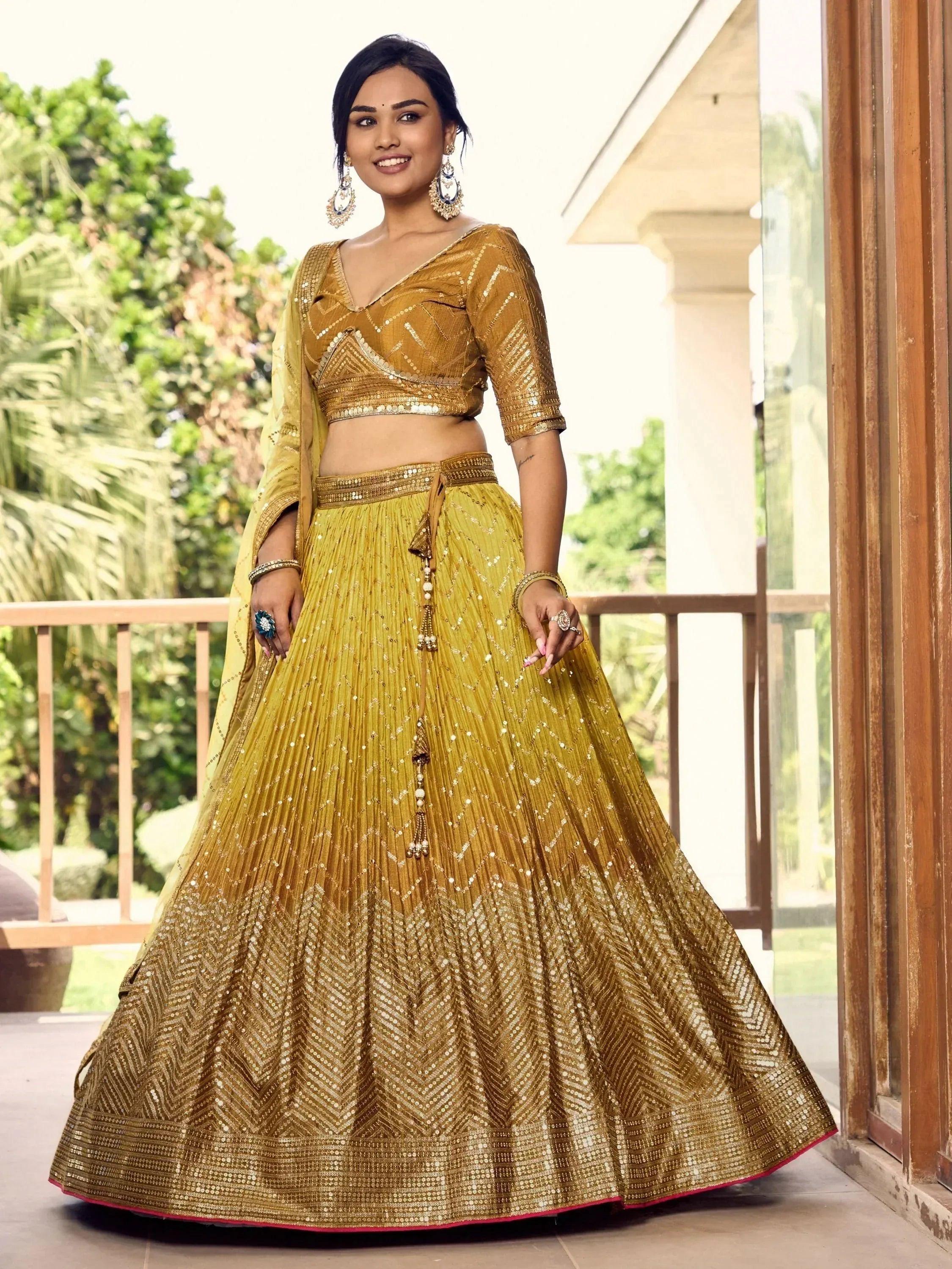 Tulsi Art Outstanding Yellow Sequins Chinon Haldi Wear Lehenga Choli | Grocsy