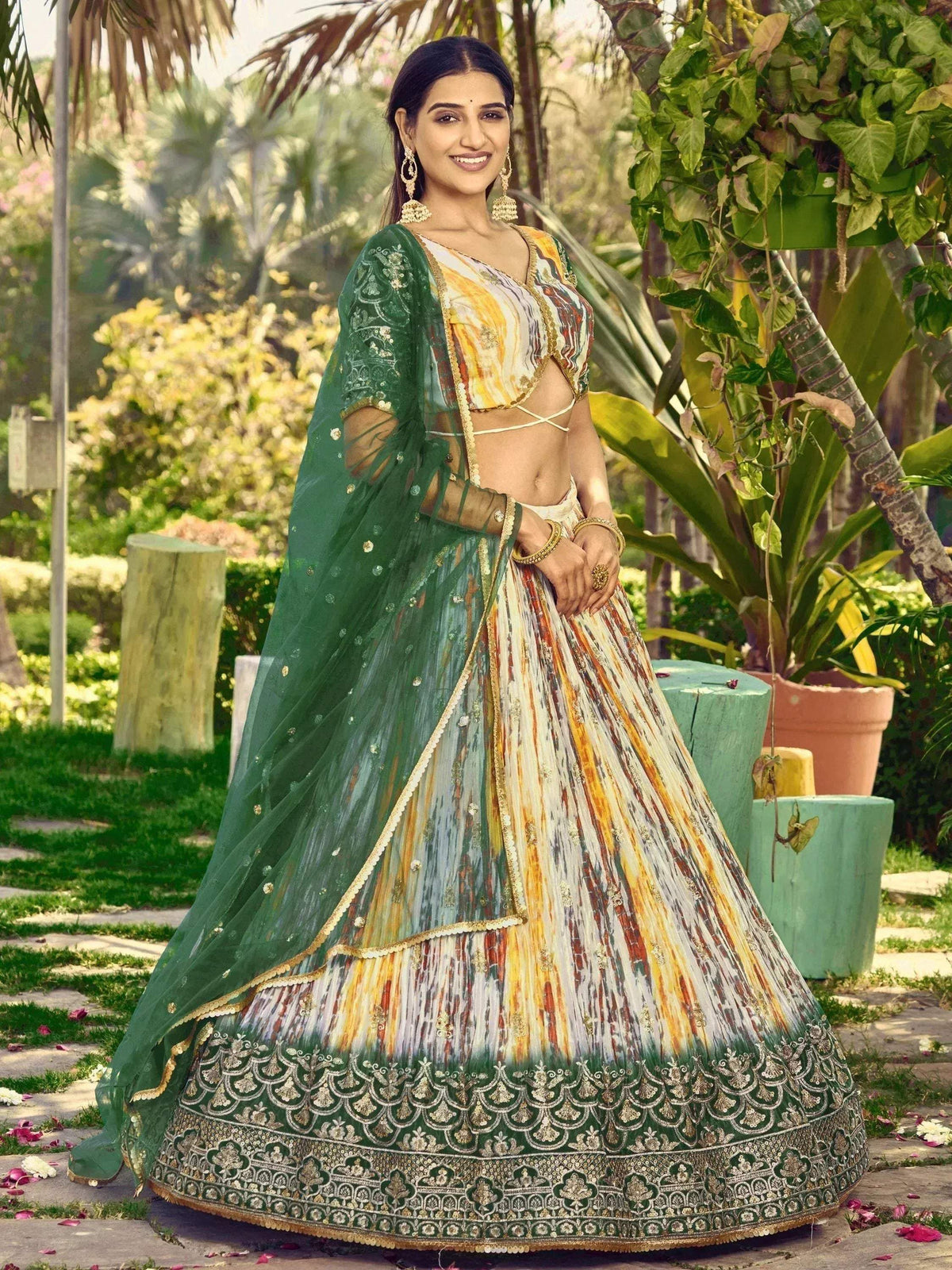 Tulsi Art Great White & Green Shibori Printed Chinon Lehenga Choli With Dupatta | Grocsy