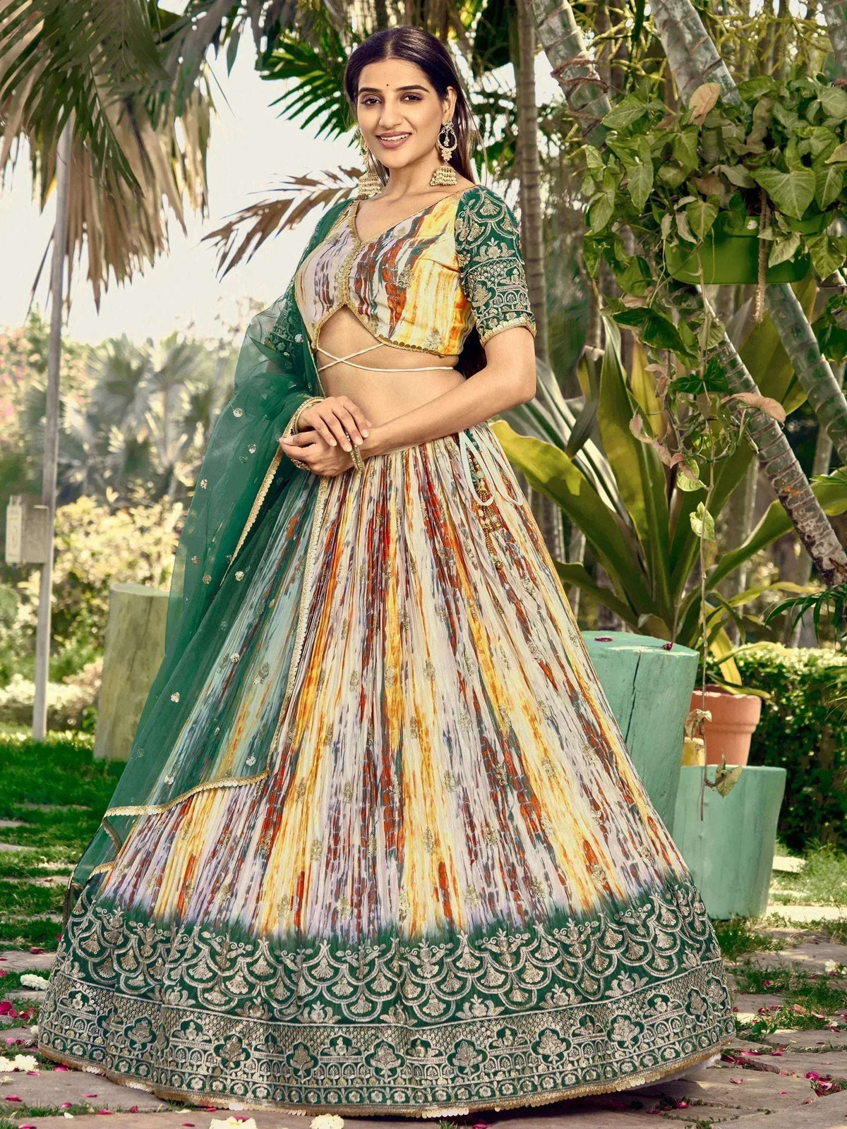 Tulsi Art Great White & Green Shibori Printed Chinon Lehenga Choli With Dupatta | Grocsy