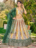 Tulsi Art Great White & Green Shibori Printed Chinon Lehenga Choli With Dupatta | Grocsy