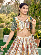 Tulsi Art Great White & Green Shibori Printed Chinon Lehenga Choli With Dupatta | Grocsy