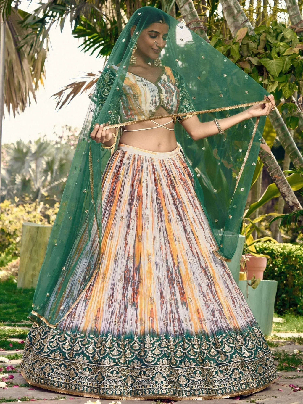 Tulsi Art Great White & Green Shibori Printed Chinon Lehenga Choli With Dupatta | Grocsy
