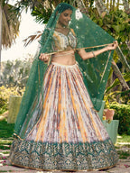 Tulsi Art Great White & Green Shibori Printed Chinon Lehenga Choli With Dupatta | Grocsy