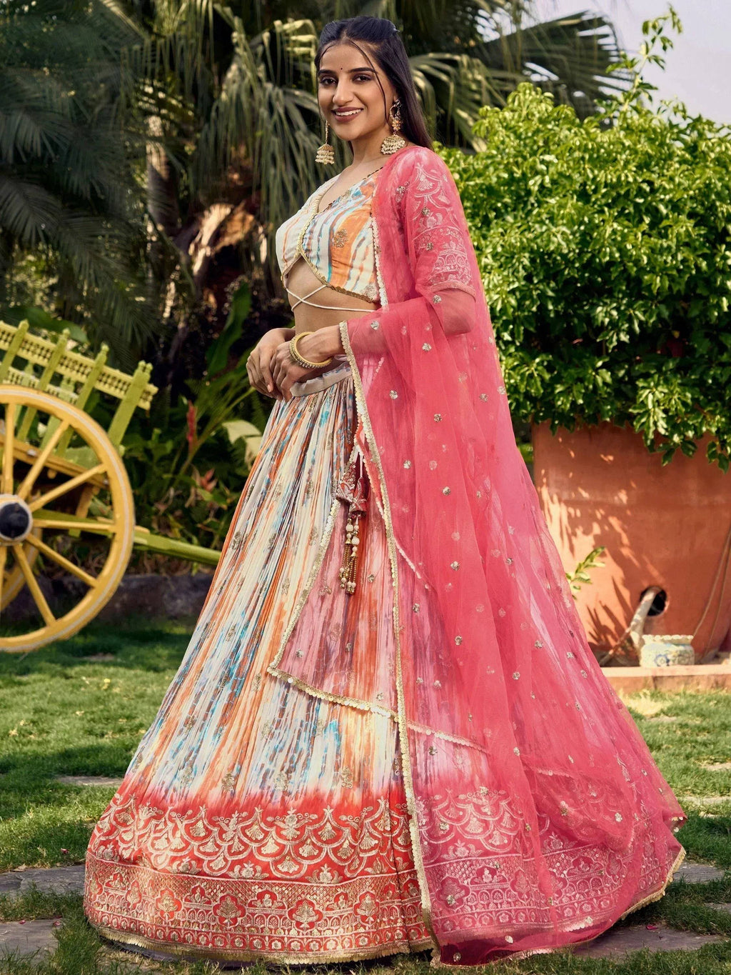 Tulsi Art Fantastic White & Pink Shibori Printed Chinon Traditional Lehenga Choli | Grocsy