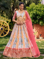 Tulsi Art Fantastic White & Pink Shibori Printed Chinon Traditional Lehenga Choli | Grocsy