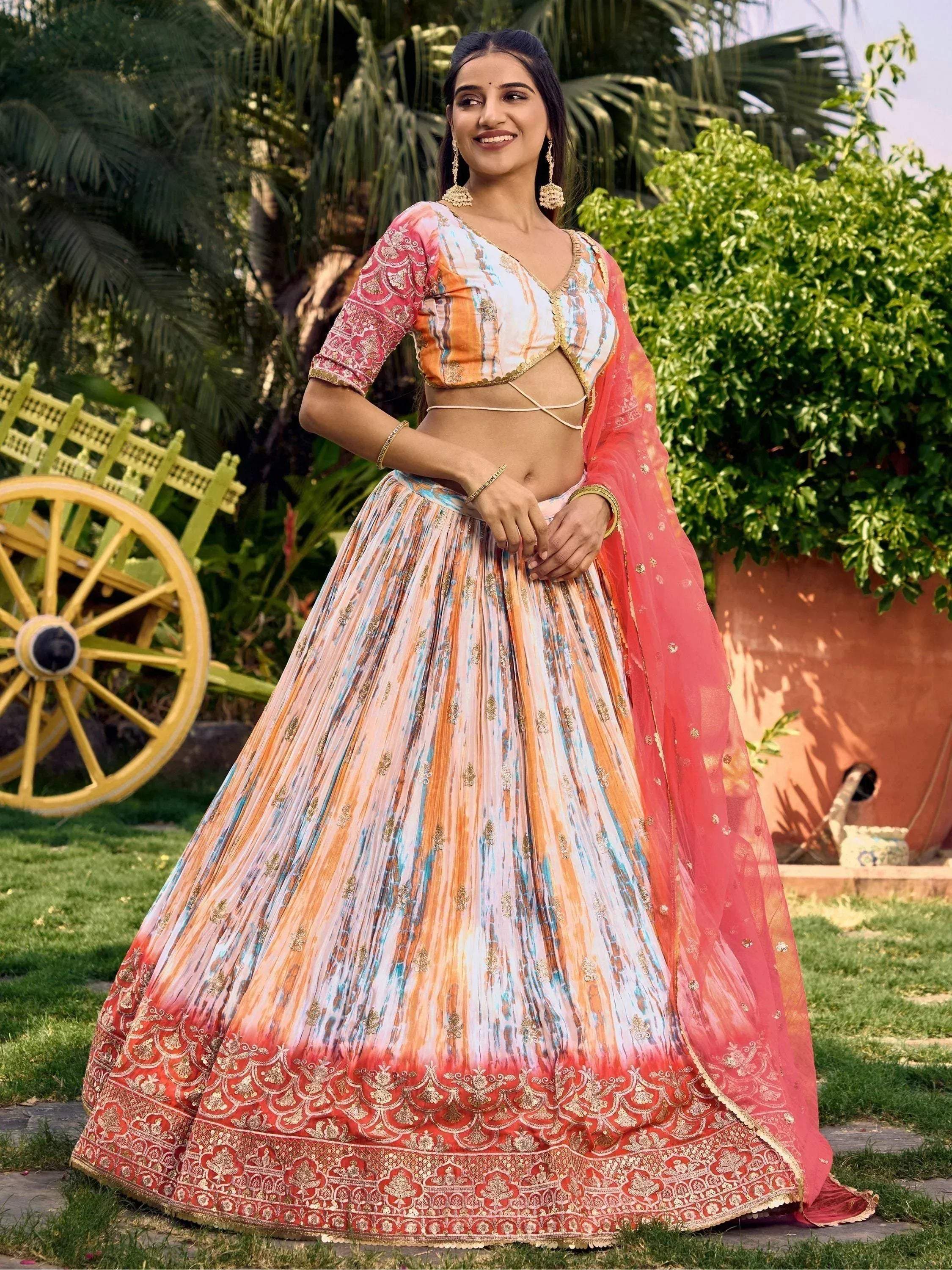 Tulsi Art Fantastic White & Pink Shibori Printed Chinon Traditional Lehenga Choli | Grocsy