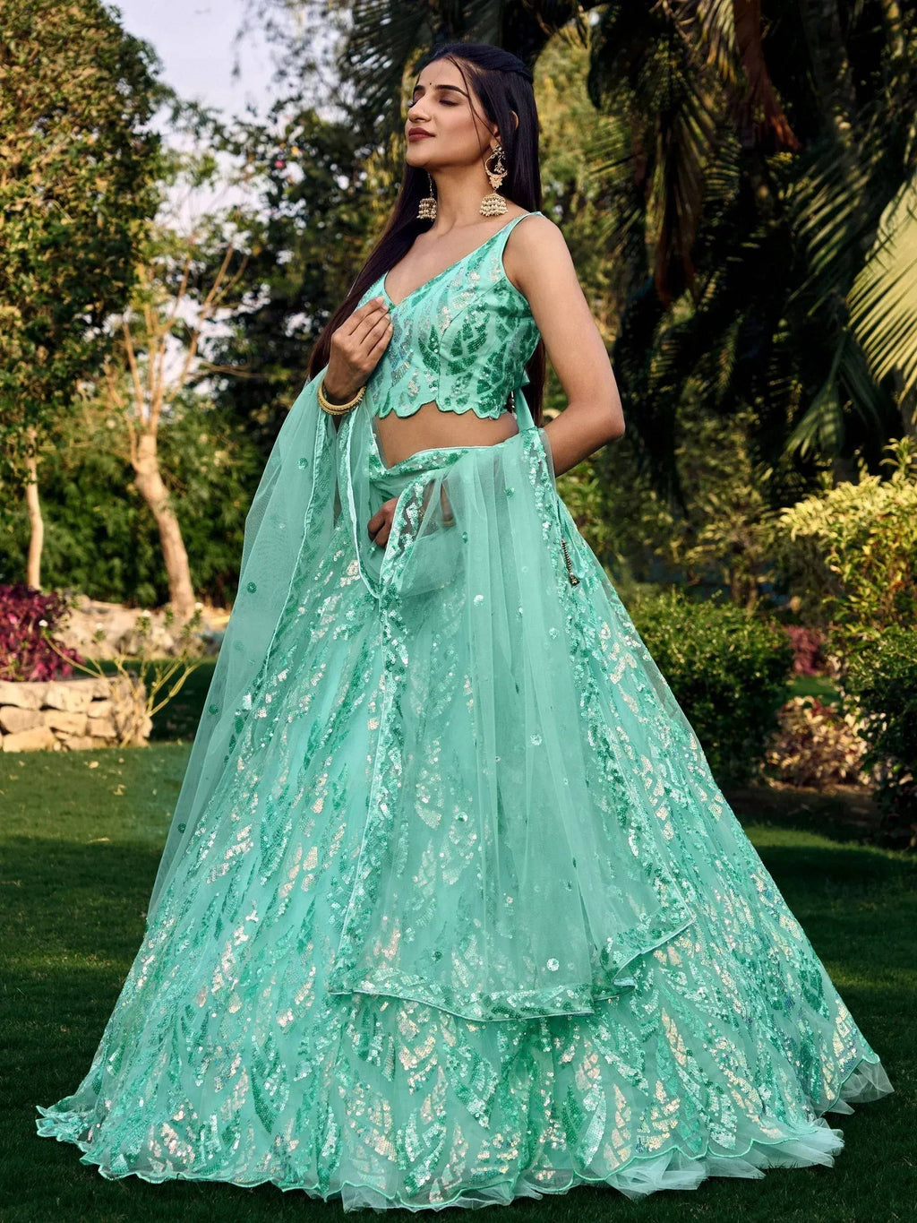 Tulsi Art Fabulous Turquoise Sequins Net Engagement Wear Lehenga Choli | Grocsy