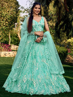 Tulsi Art Fabulous Turquoise Sequins Net Engagement Wear Lehenga Choli | Grocsy