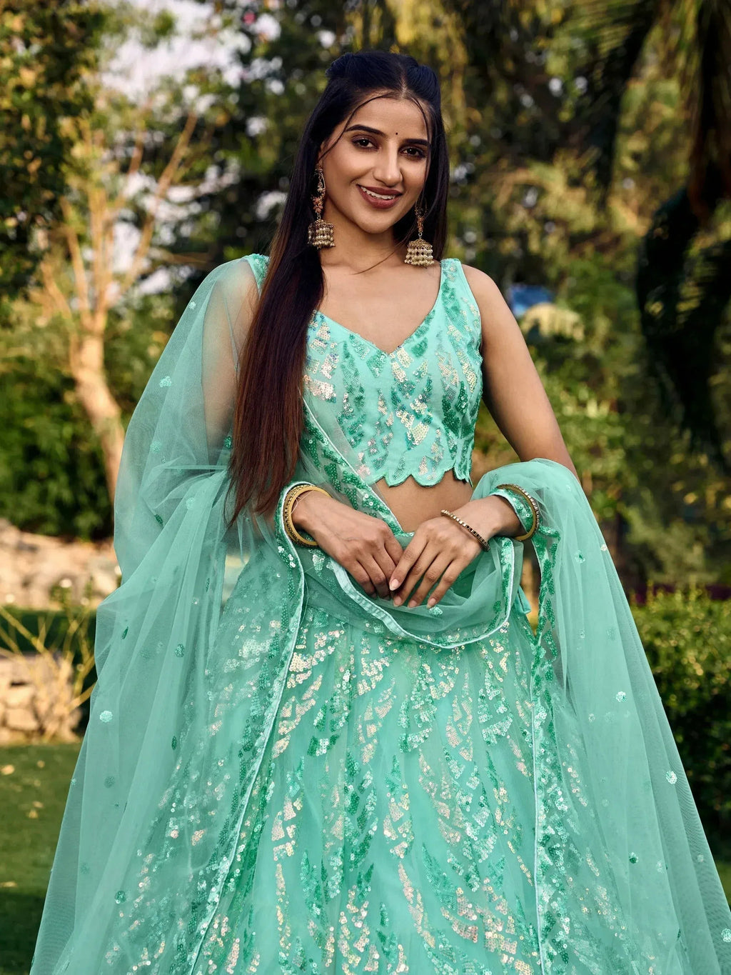 Tulsi Art Fabulous Turquoise Sequins Net Engagement Wear Lehenga Choli | Grocsy