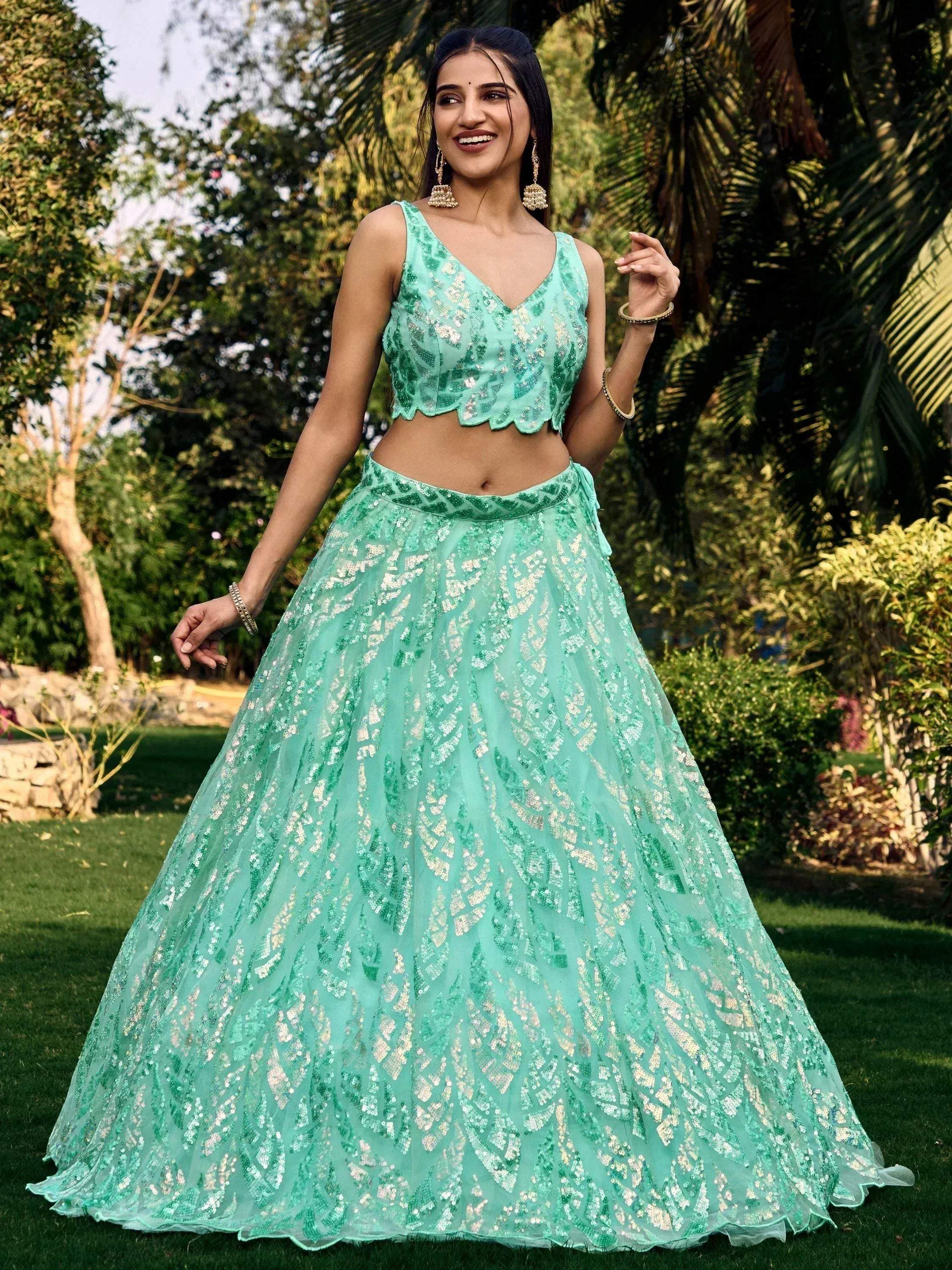 Tulsi Art Fabulous Turquoise Sequins Net Engagement Wear Lehenga Choli | Grocsy