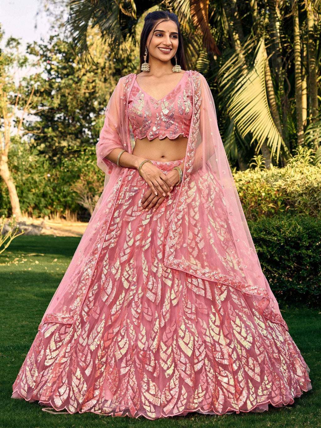 Tulsi Art Beautiful Pink Sequins Net Bridesmaid Lehenga Choli With Dupatta | Grocsy