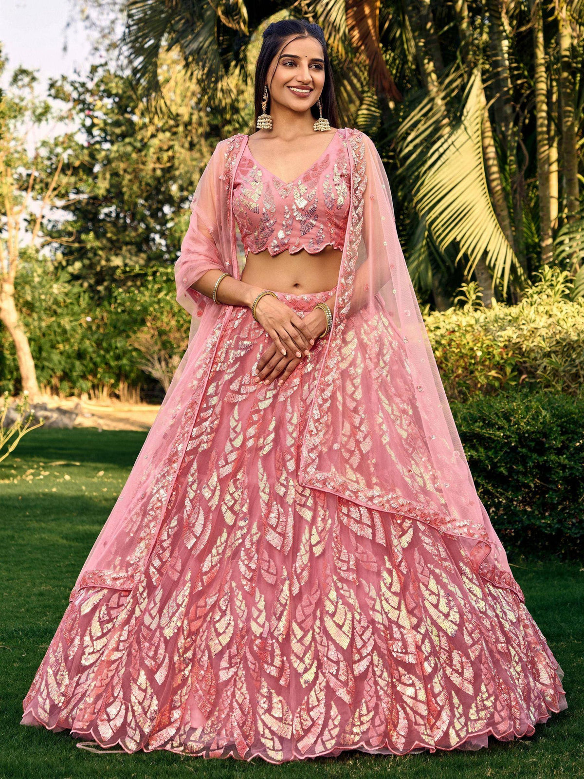 Tulsi Art Beautiful Pink Sequins Net Bridesmaid Lehenga Choli With Dupatta | Grocsy