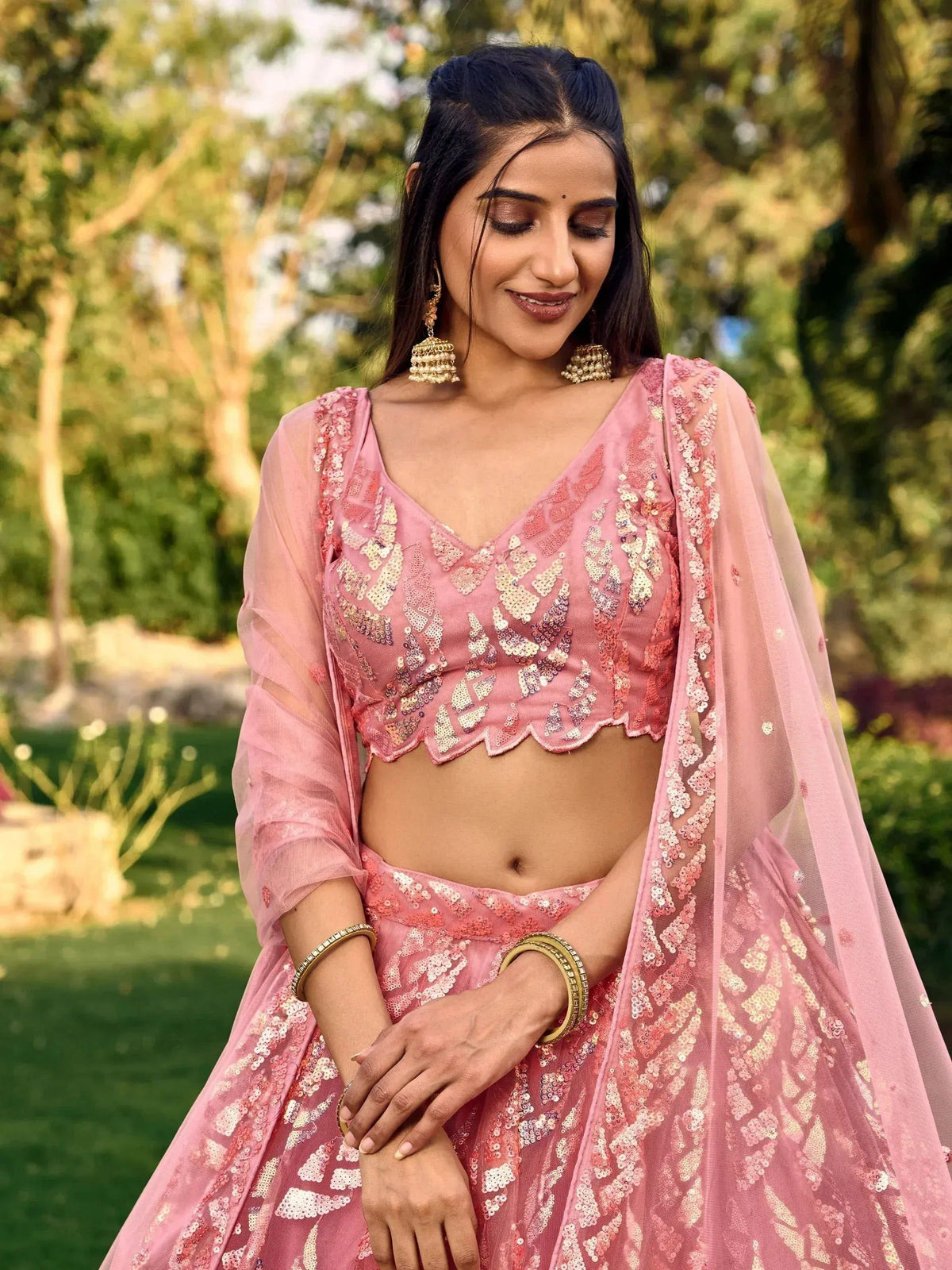 Tulsi Art Beautiful Pink Sequins Net Bridesmaid Lehenga Choli With Dupatta | Grocsy