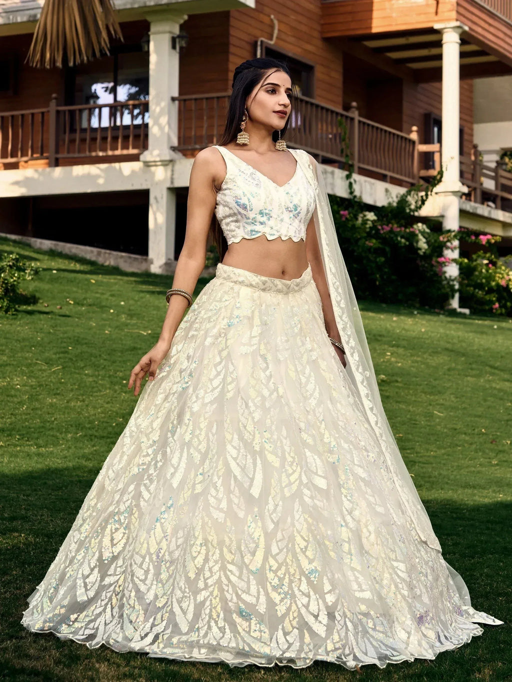 Tulsi Art Astonishing Off-White Sequins Net Lehenga Choli With Dupatta | Grocsy