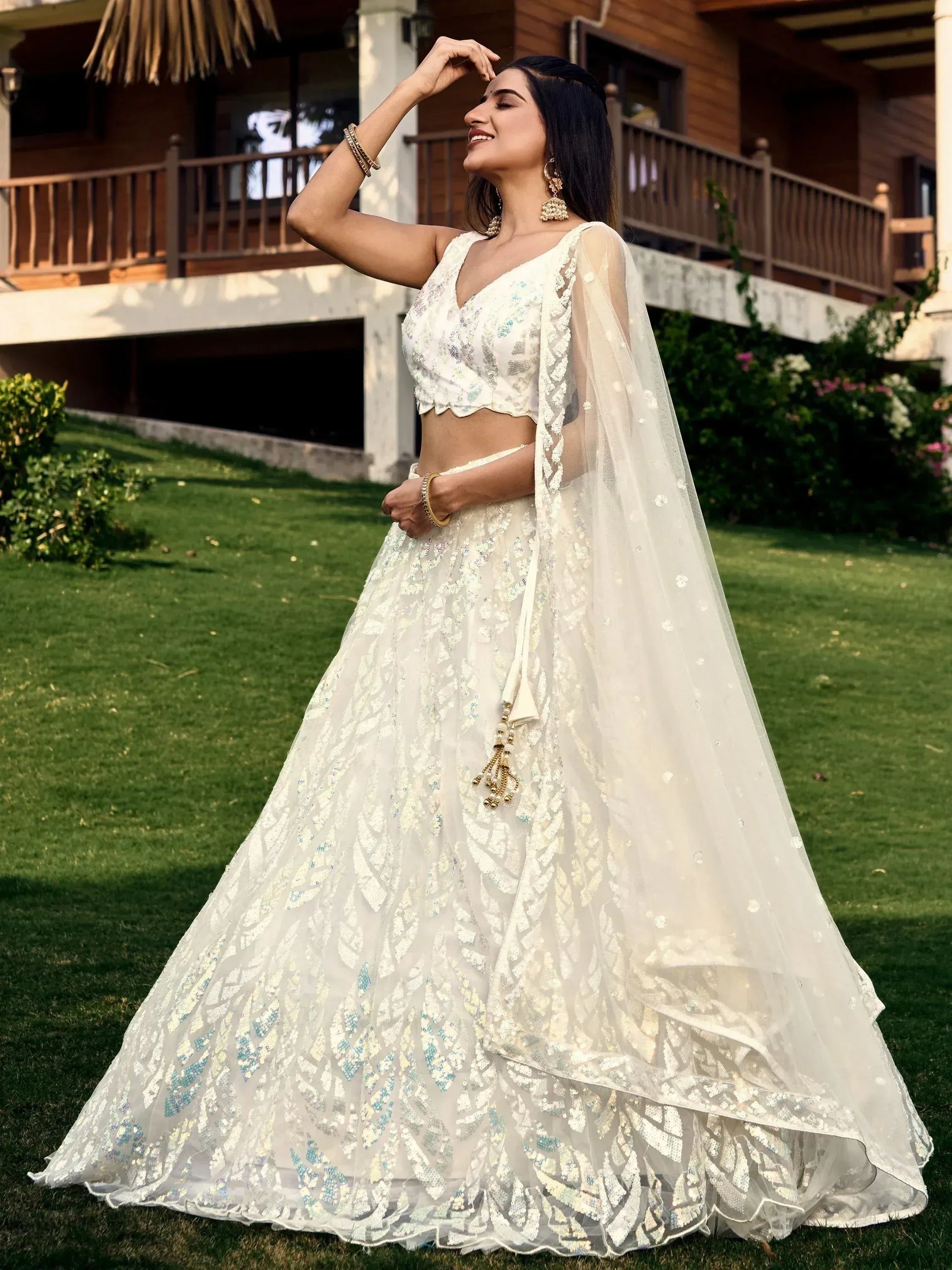 Tulsi Art Astonishing Off-White Sequins Net Lehenga Choli With Dupatta | Grocsy