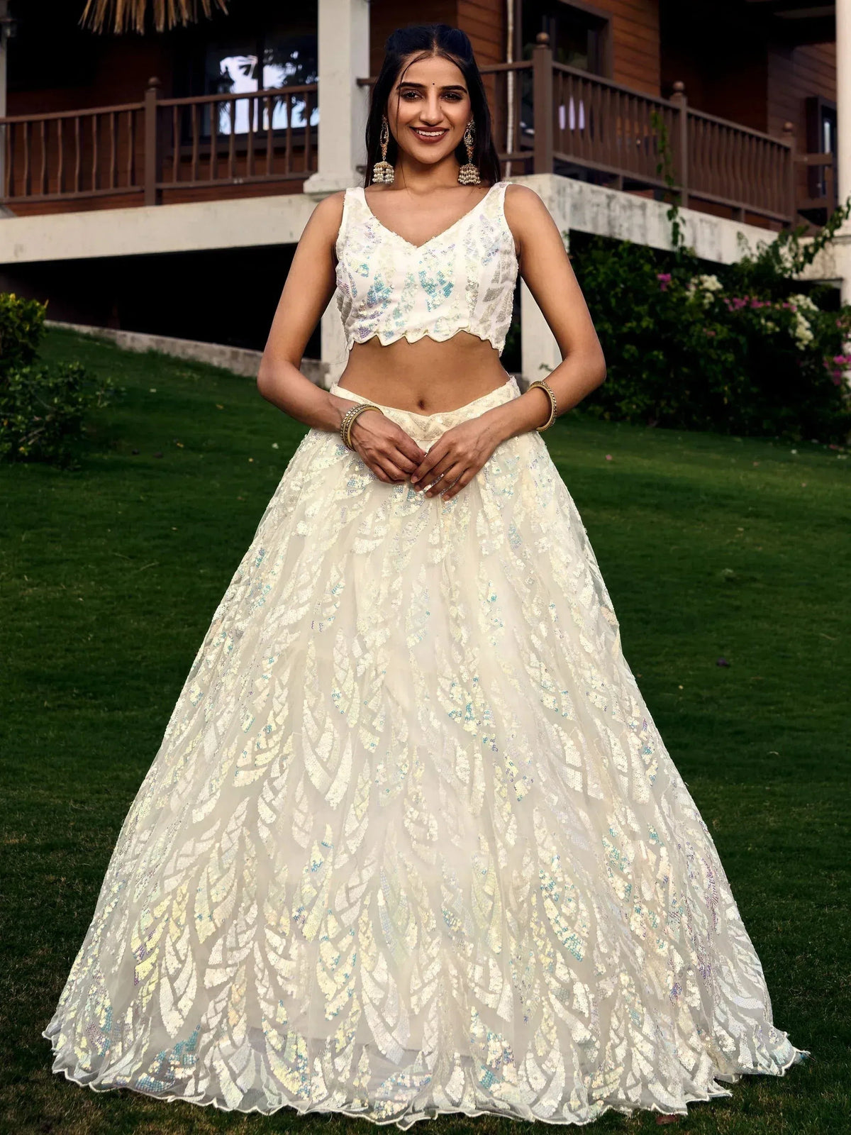 Tulsi Art Astonishing Off-White Sequins Net Lehenga Choli With Dupatta | Grocsy