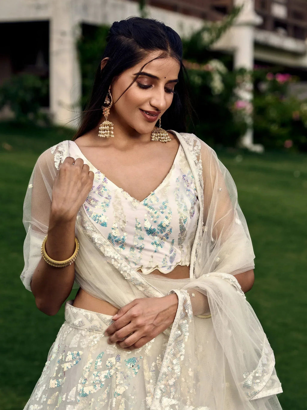 Tulsi Art Astonishing Off-White Sequins Net Lehenga Choli With Dupatta | Grocsy