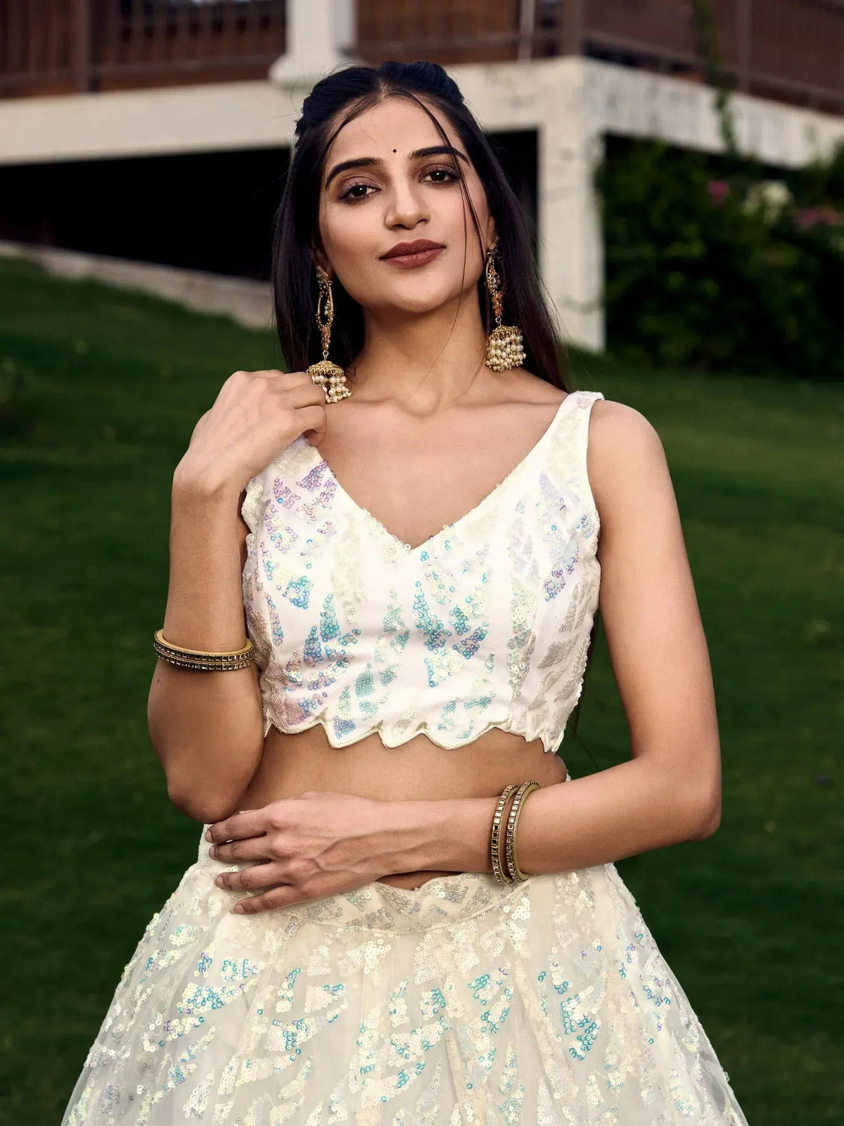 Tulsi Art Astonishing Off-White Sequins Net Lehenga Choli With Dupatta | Grocsy