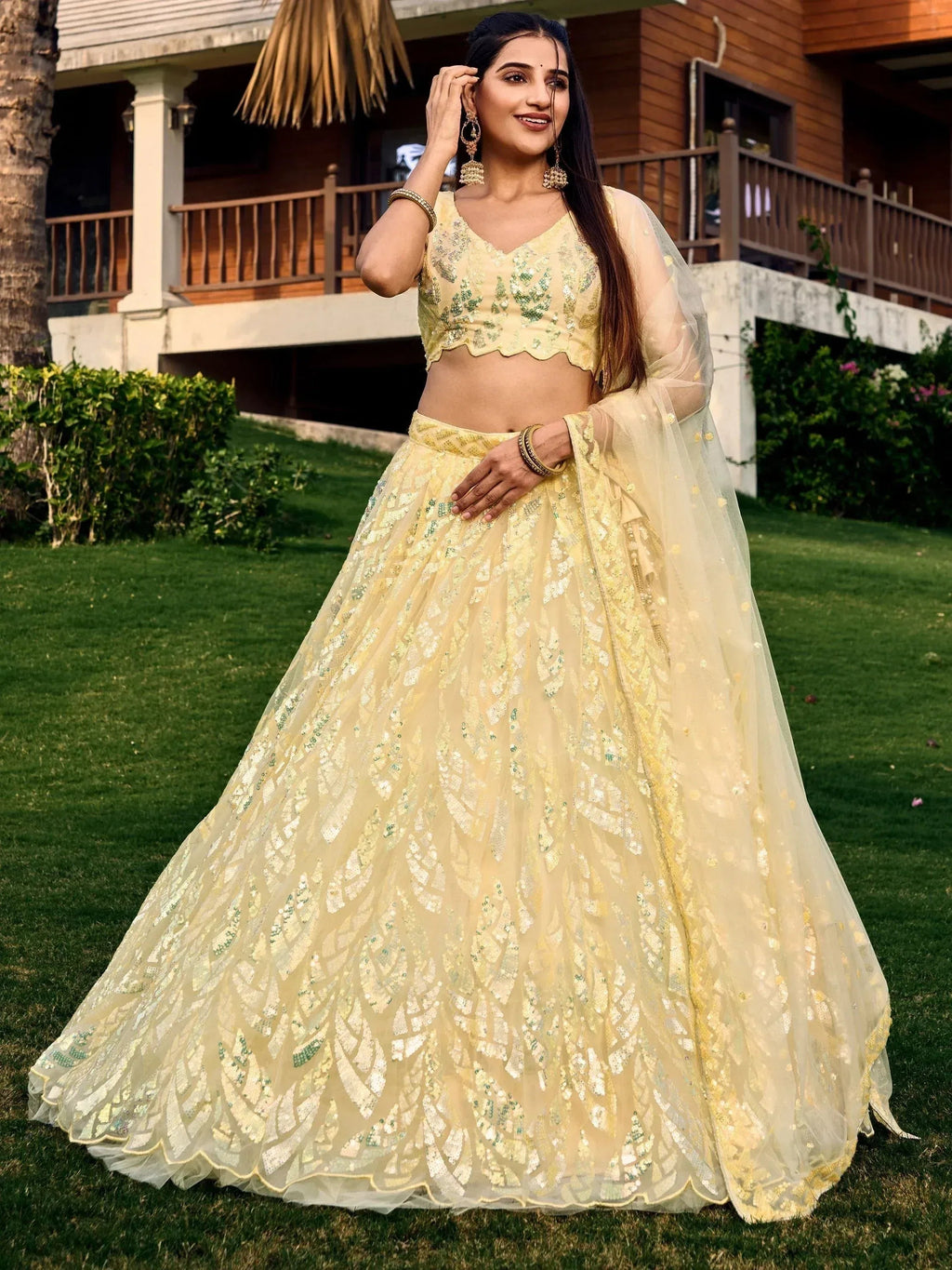 Tulsi Art Attractive Yellow Sequins Net Function Wear Lehenga Choli With Dupatta | Grocsy