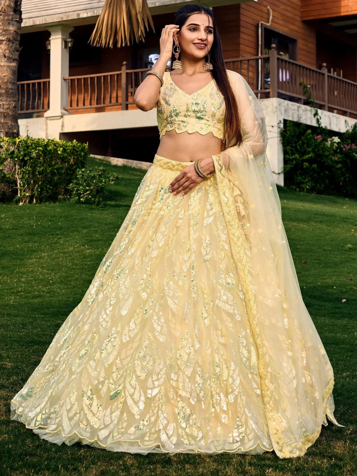 Tulsi Art Attractive Yellow Sequins Net Function Wear Lehenga Choli With Dupatta | Grocsy