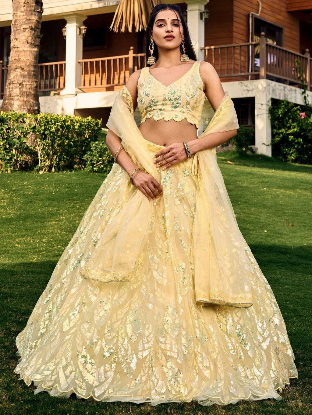 Tulsi Art Attractive Yellow Sequins Net Function Wear Lehenga Choli With Dupatta | Grocsy