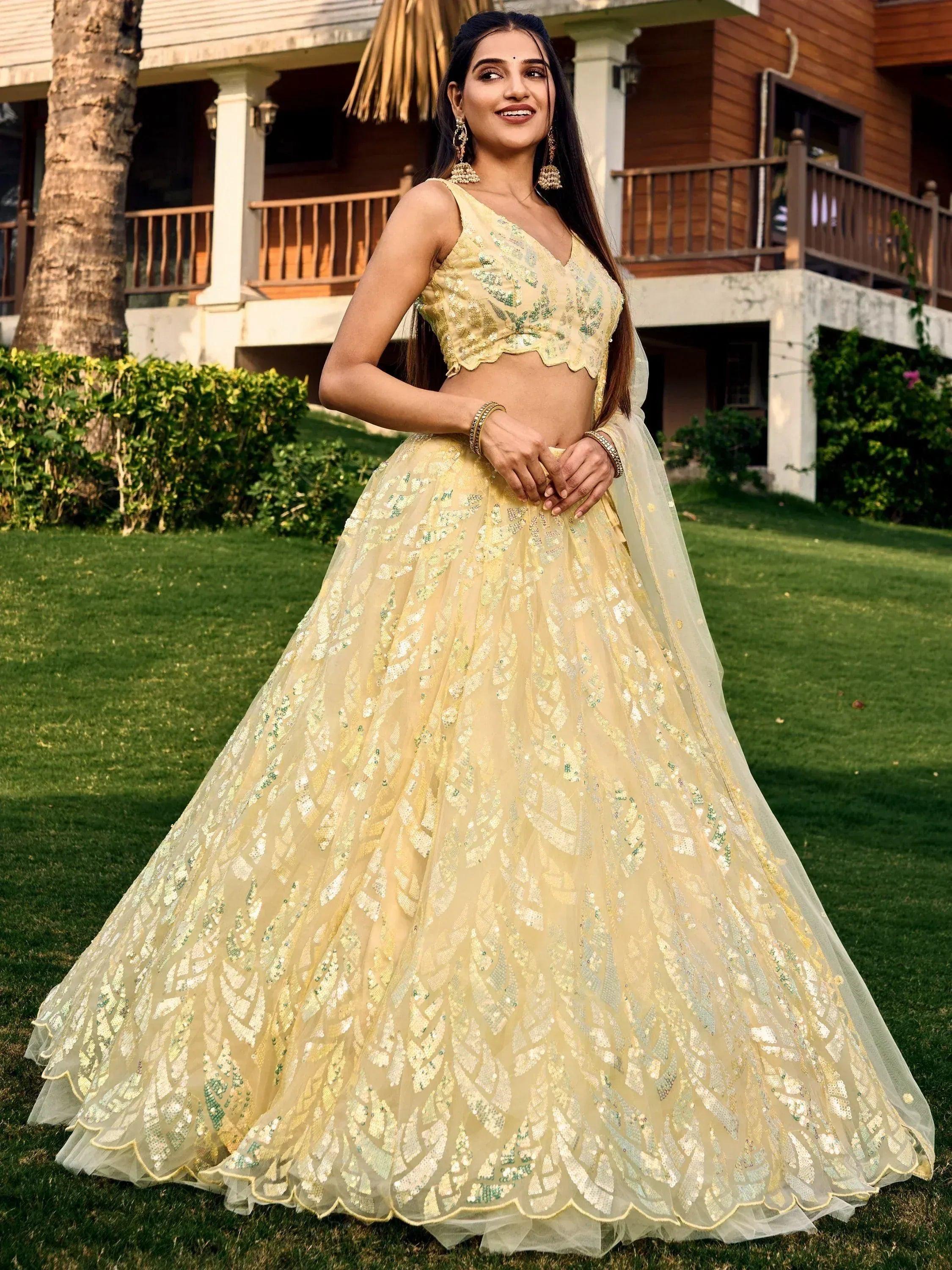 Tulsi Art Attractive Yellow Sequins Net Function Wear Lehenga Choli With Dupatta | Grocsy