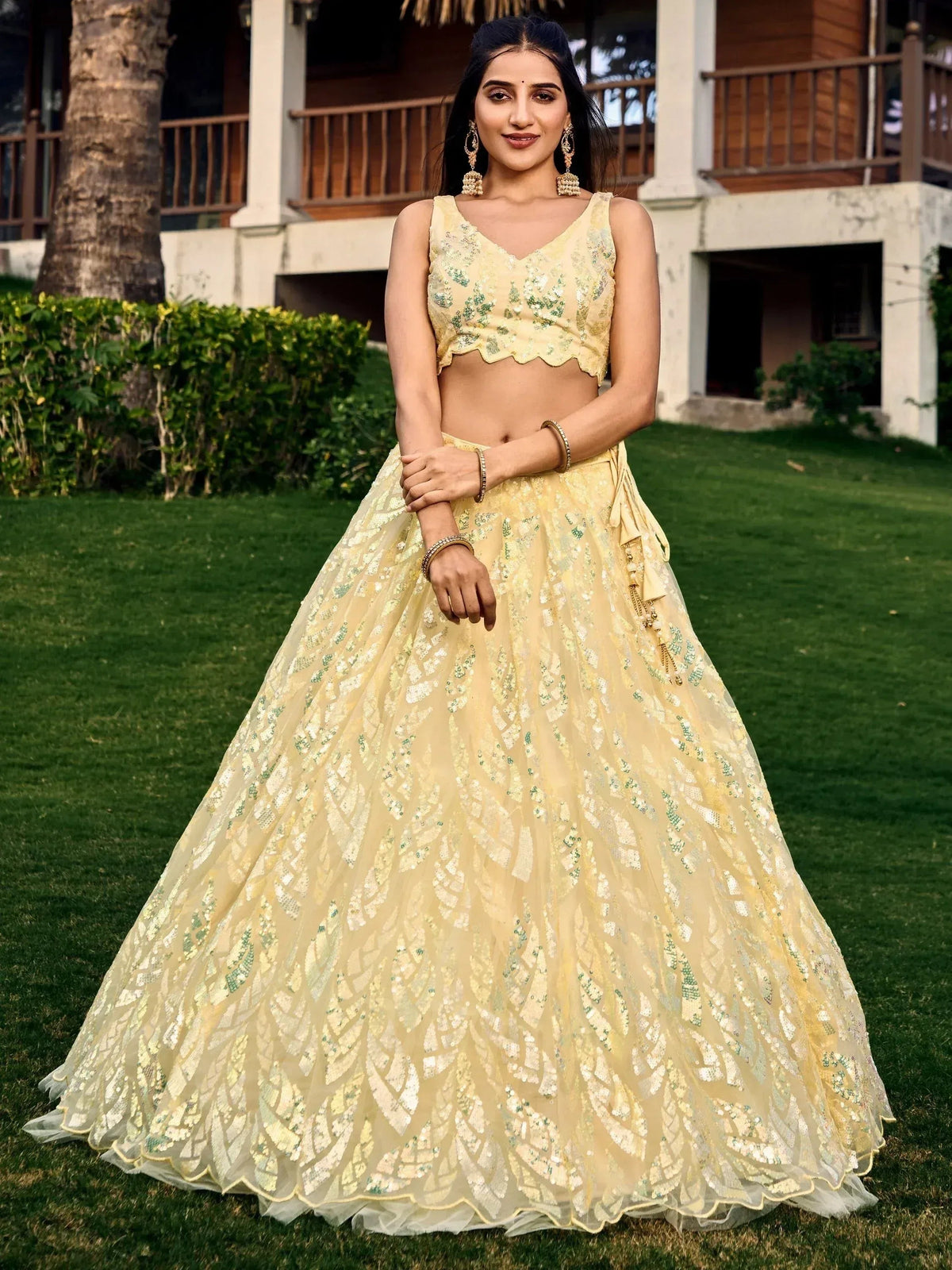 Tulsi Art Attractive Yellow Sequins Net Function Wear Lehenga Choli With Dupatta | Grocsy