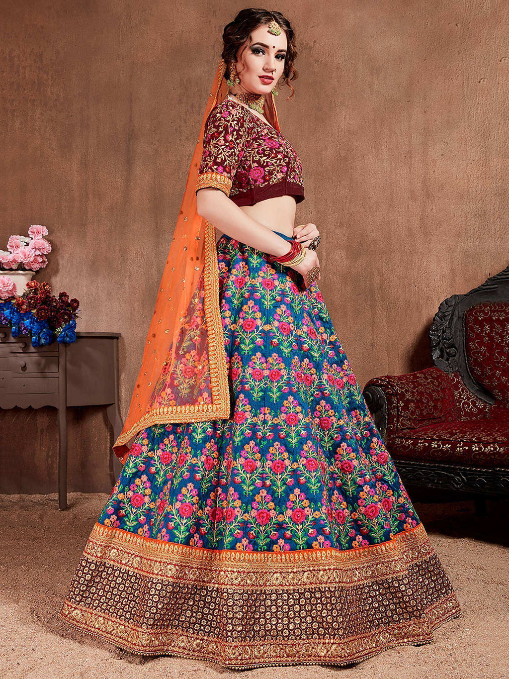 Tulsi Art Navy Blue Embroidered Mulberry Silk Bridal Lehenga Choli With Dupatta | Grocsy