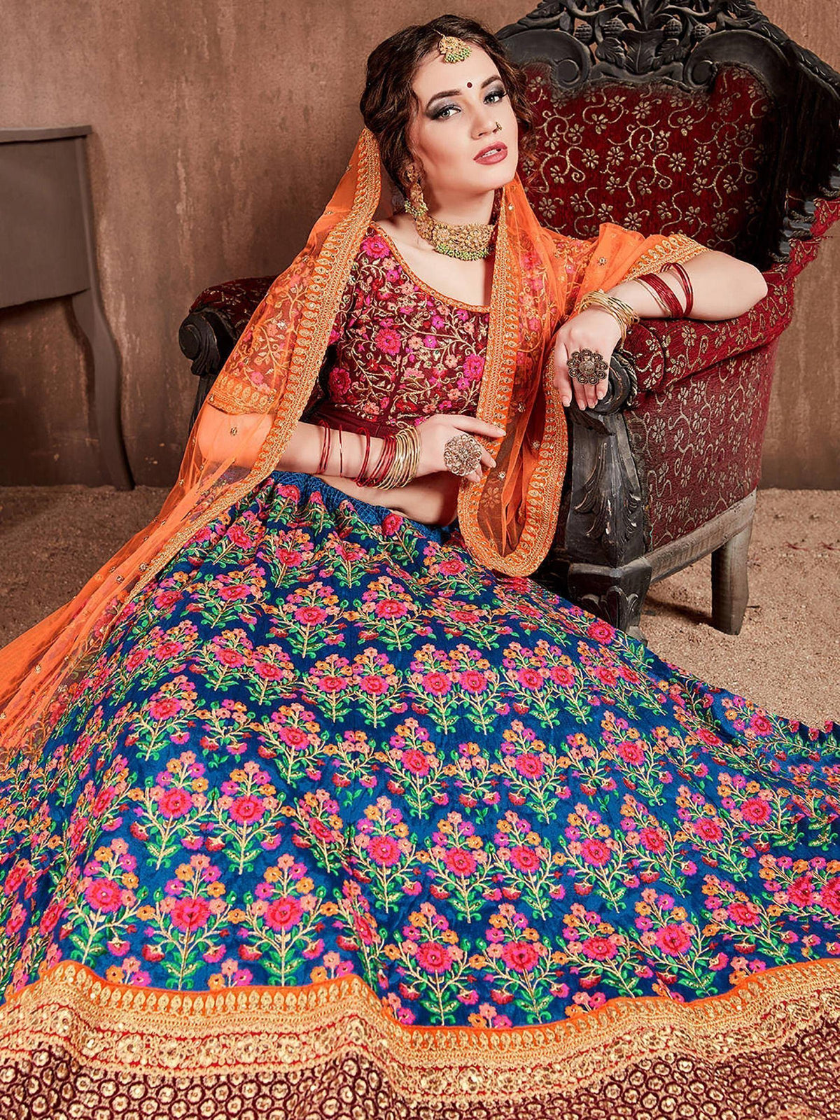 Tulsi Art Navy Blue Embroidered Mulberry Silk Bridal Lehenga Choli With Dupatta | Grocsy